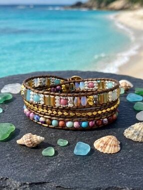 Jasper Crystal Vegan Leather Triple Wrap Bracelet Boho Whimsigoth 24in